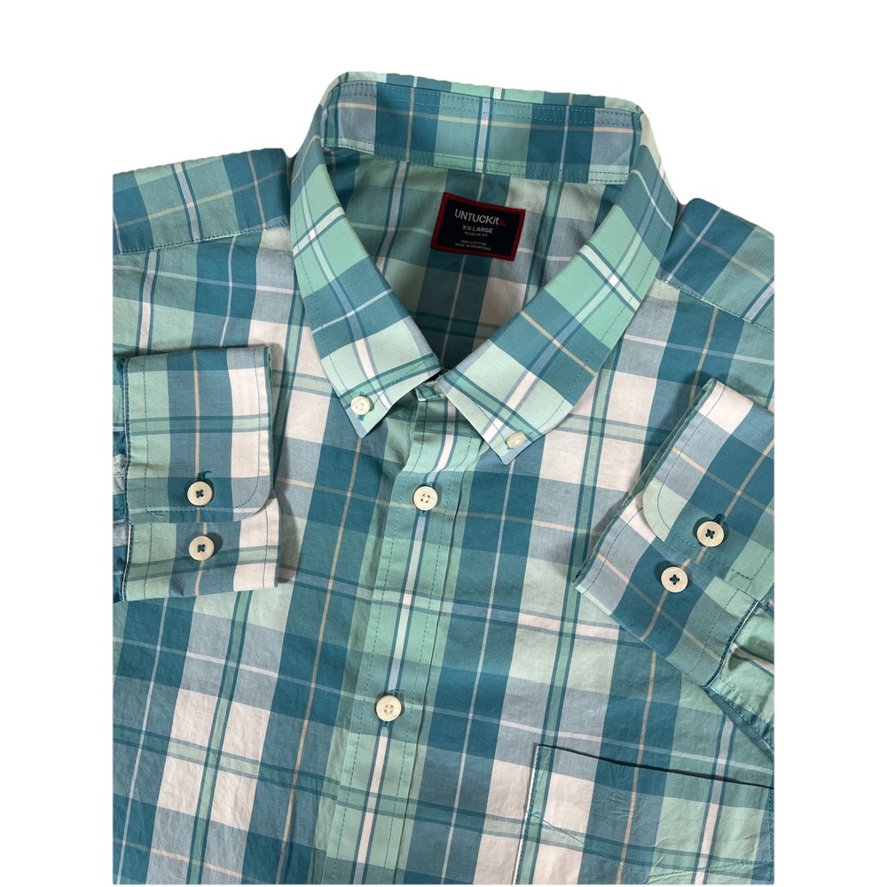 UNTUCKit Porter Teal Blue White Plaid Long Sleeve Button Down Shirt Men's XXL